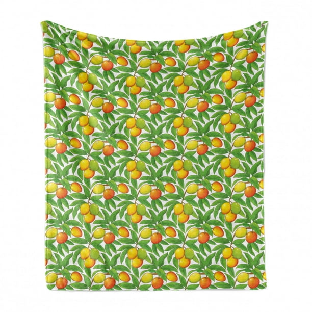 Ambesonne Tropical Soft Flannel Fleece Throw Blanket 60 x 80 Fern Green and Orange Herringbone Stripes with Dots Background Summer Fruits Arrangement Cozy Plush for Indoor and Outdoor Use 